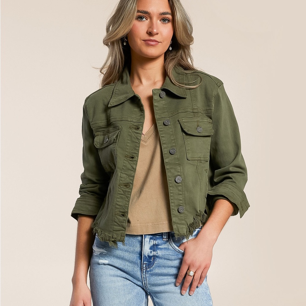 Hidden Cropped Denim Jacket Frayed Hem Olive Army Green Military EUC Small - Picture 10 of 10